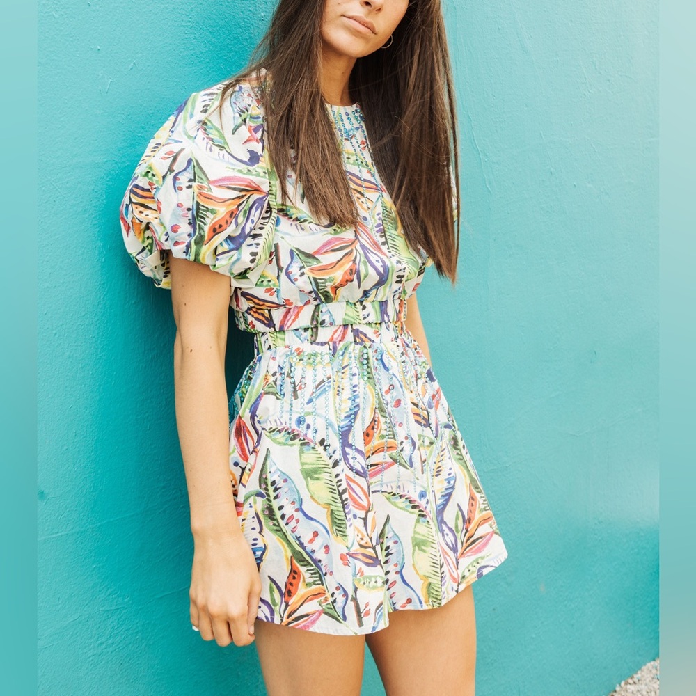 QUEEN OF SPARKLES Tropical Puff Sleeve Jeweled Crop Top & Skirt